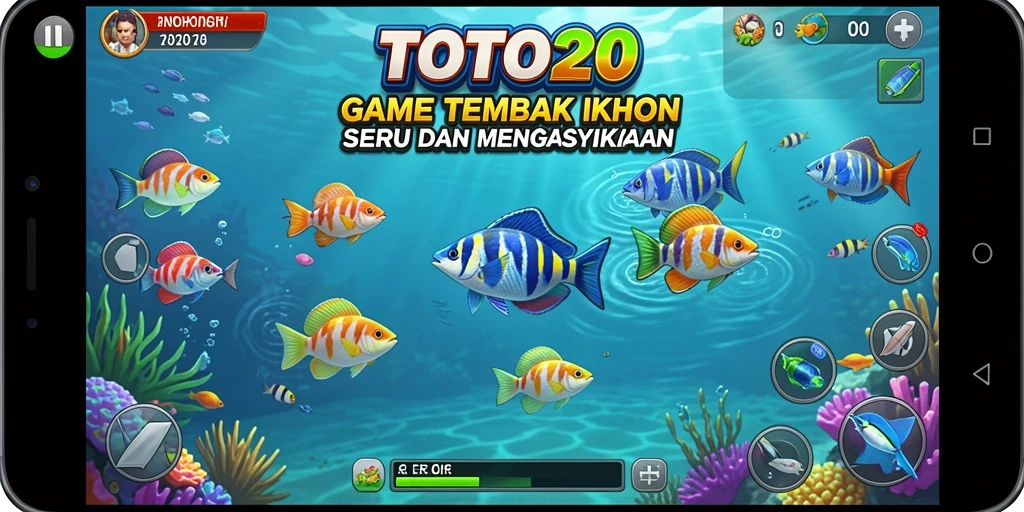 Screenshot gameplay TOTO20 menampilkan aksi menembak ikan yang menarik.